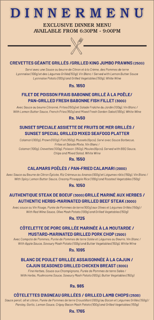 Sunset Restaurant — exclusive dinner menu available from 6:30 PM to 9:00 PM