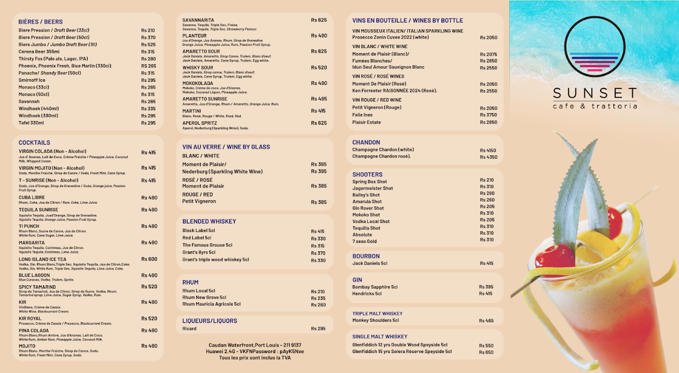 Sunset Restaurant — all-day menu, first spread